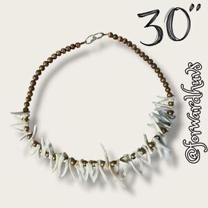 30-Inch Brutalist Jewelry Necklace with Jagged Shells, Brass and Pink Beads
